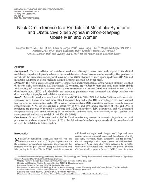 (PDF) Neck Circumference Is a Predictor of Metabolic Syndrome and Obstructive Sleep Apnea in ...