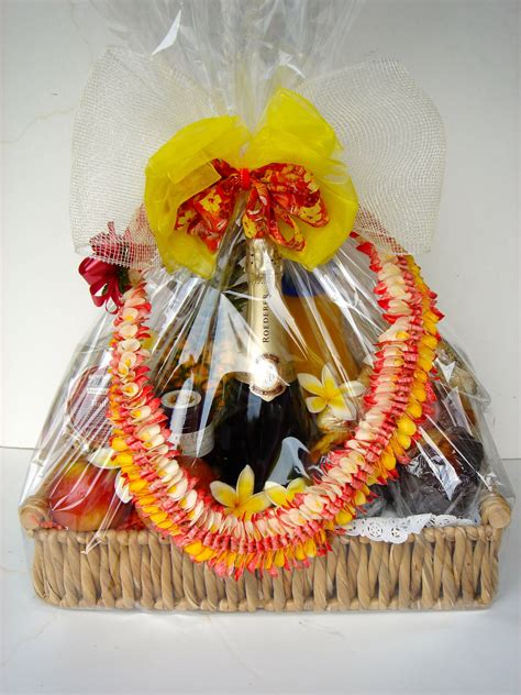 Awesome custom Hawaiian gift basket with gorgeous fresh lei (flower neckless), and fresh ...