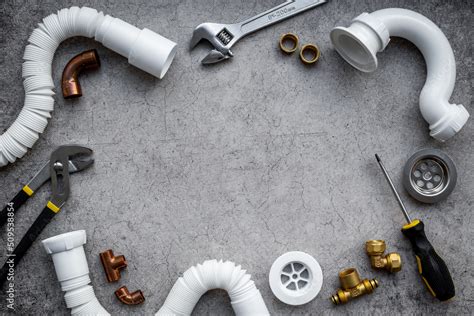 Plumbing work background frame. Plumbing pipes and tools Stock Photo | Adobe Stock