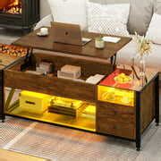 Lift Top Coffee Table with USB Ports and Outlets, Center Table with LED Strip for Living Room ...