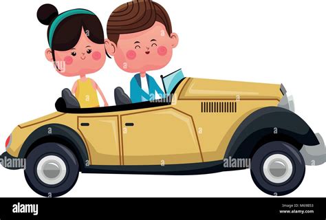 Cute boy with girl driving vintage car Stock Vector Image & Art - Alamy