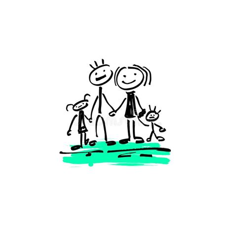 Drawing Sketch Doodle Human Stick Figure Happy Family Stock Vector ...