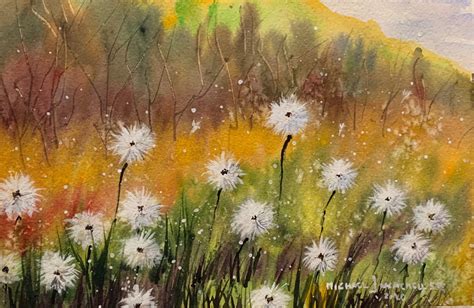 Colorful Field with Dandelions #117 (Original Watercolor Painting)