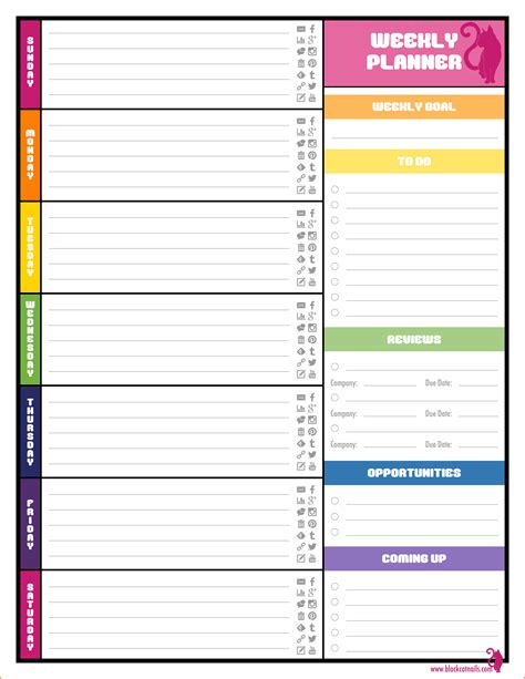 Colorful Weekly Blogging Planner - Blogger Calendar Download | Black ..… | Weekly planner ...