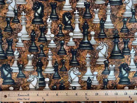 Quilting Cotton Print Fabric - Checkmate Chess Pieces Brown