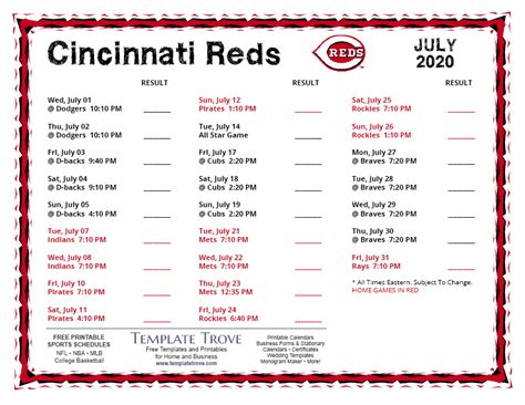 Printable 2020 Cincinnati Reds Schedule