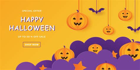 promotion halloween banner template with cloud paper cut style and pumpkin character, bat ...