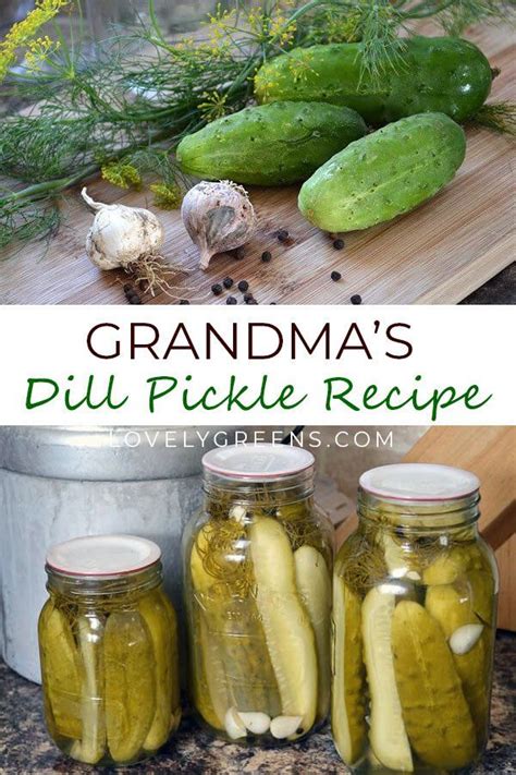 grandma's dill pickle recipe in jars on a table with vegetables and herbs