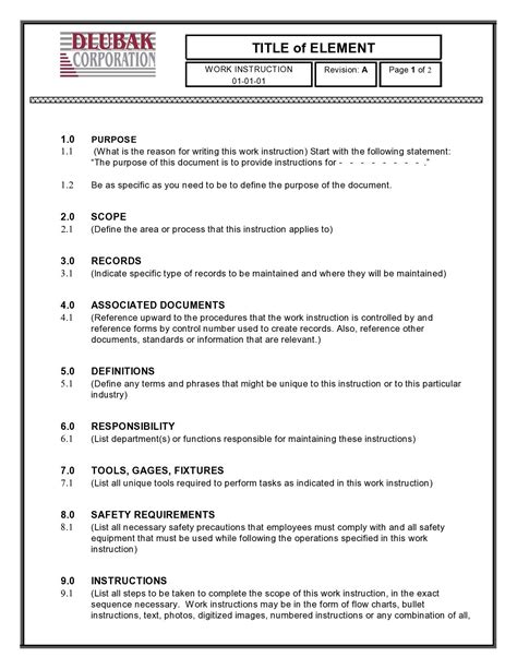 Standard Work Instructions Excel Template