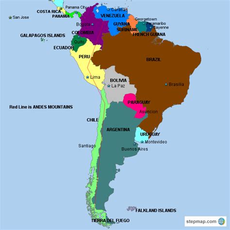 StepMap - South America Map and Capitals - Landkarte für South America