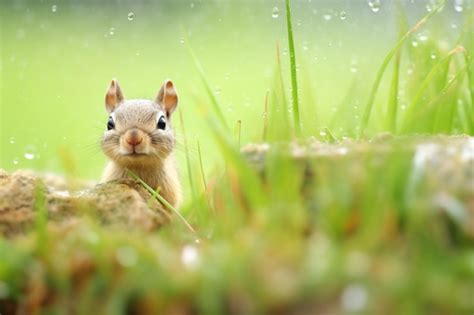 Premium AI Image | Dewcovered grass at burrow entrance with chipmunk inside