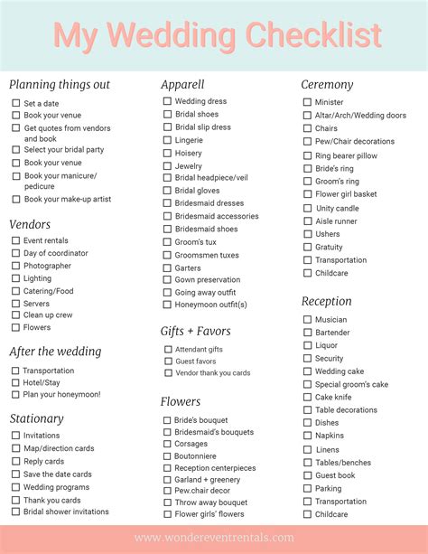 Free Printable Wedding Checklist