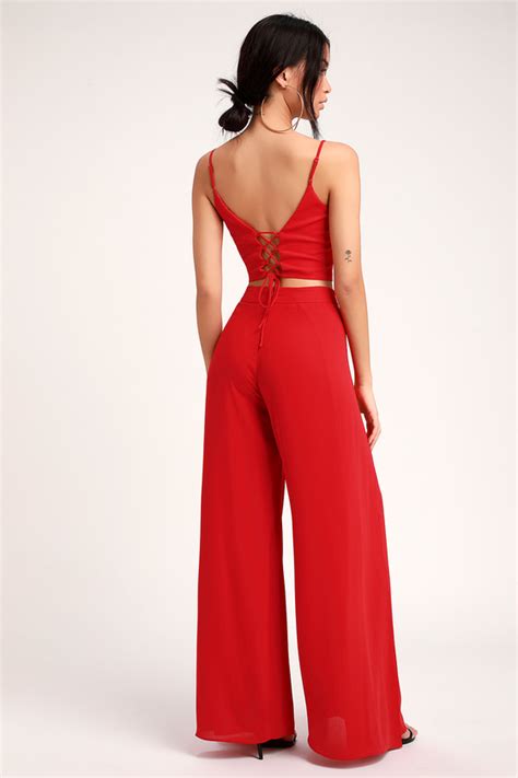 Chic Red Jumpsuit - Two-Piece Jumpsuit - Lace-Up Jumpsuit - Lulus