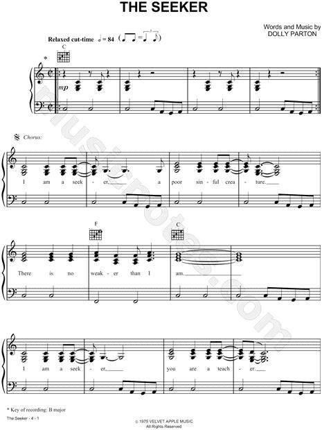 Dolly Parton "The Seeker" Sheet Music in C Major - Download & Print - SKU: MN0016058