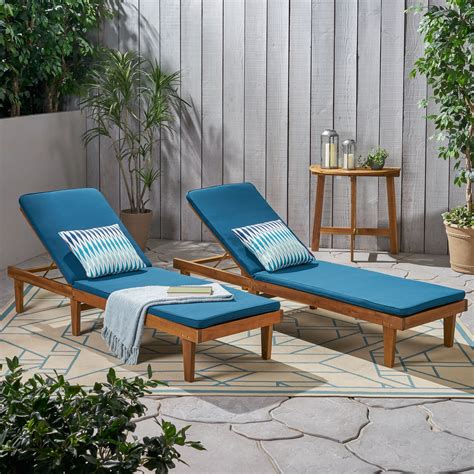 Maddison Outdoor Modern Acacia Wood Chaise Lounge with Cushion, Set of ...