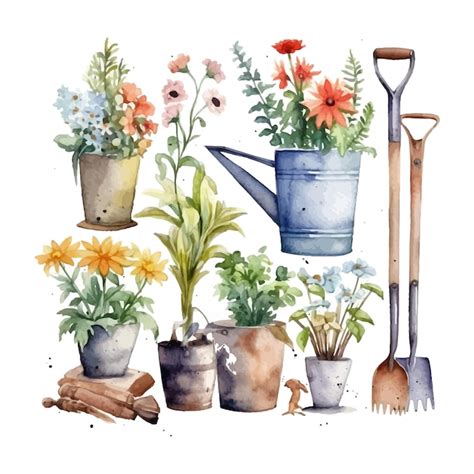 Premium Vector | Watercolor set of gardening tools flowers and plants