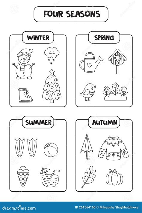 Learning Four Seasons for Kids. Black and White Educational Worksheet ...