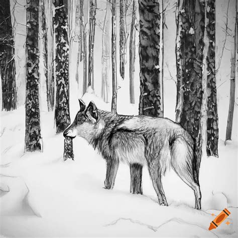 Sketch of a wolf hunting in the snow on Craiyon