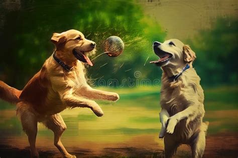 Two Dogs Playing Fetch at Park, Each Taking Turns Bringing the Ball Back Stock Photo - Image of ...