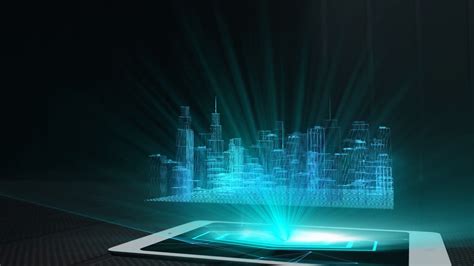 City projection futuristic holographic display phone tablet hologram technology Stock Video ...