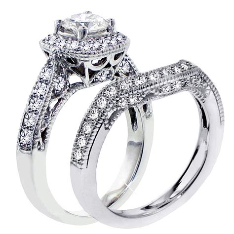 1 Carat Antique Round Engraved Wedding Ring Set in White Gold - JeenJewels