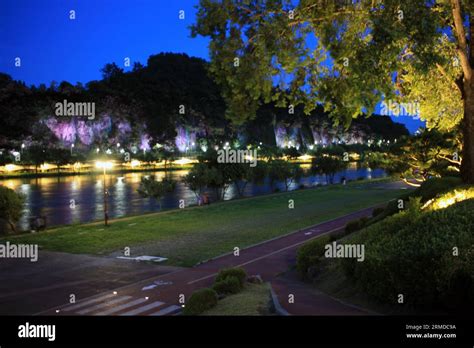 Summer night view and colorful round bokeh of Namgang River in Jinju-si ...