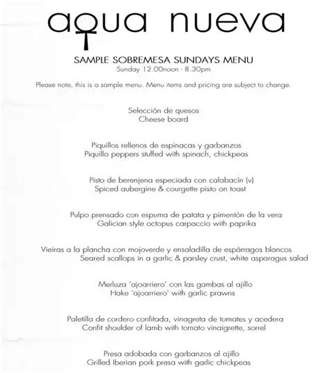 Menu at aqua nueva restaurant, London