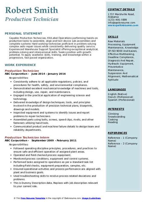 Production Technician Resume Samples | QwikResume