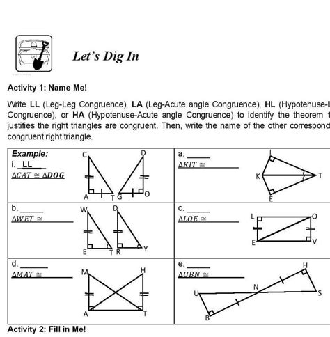 Activity 1: Name Me! Write LL (Leg-Leg Congruence), LA (Leg-Acute angle ...