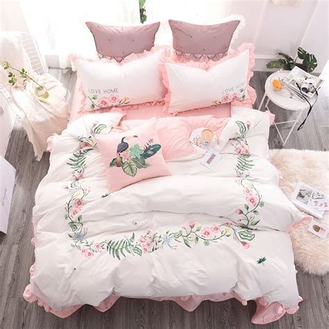 100%Cotton Embroidery White Pink Cute Bedding Set Queen King size Girls ...