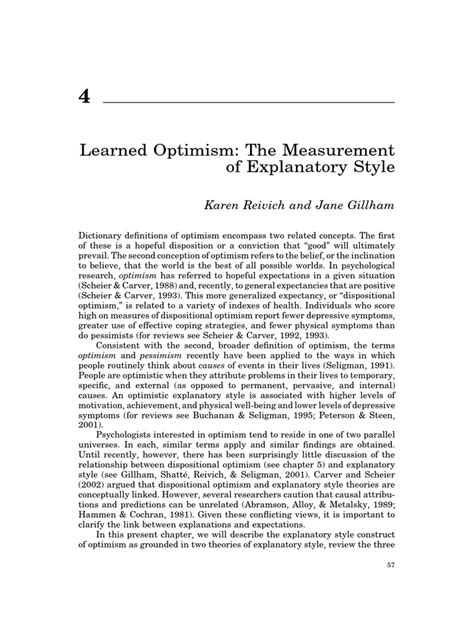 Learned Optimism: The Measurement of Explanatory Style - Karen Reivich and Jane Gillham 2003 ...