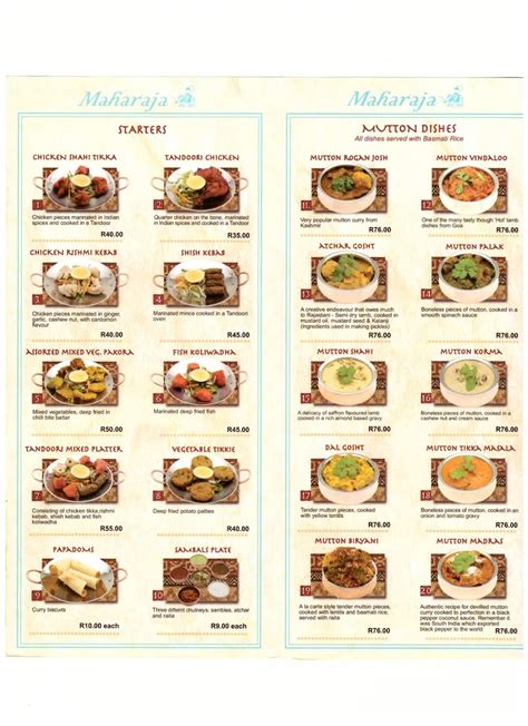 Menu at Maharaja Indian Restaurant, Kempton Park, 18 Reier St