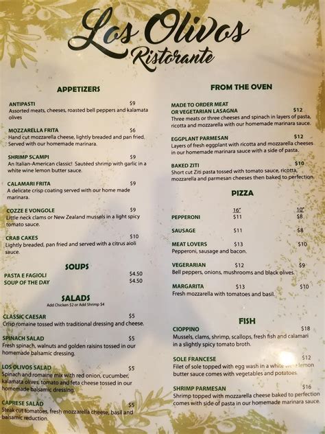 Menu at Los Olivos Ristorante restaurant, Las Vegas