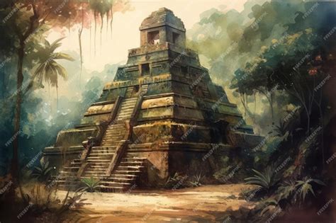 Premium AI Image | Painting from a watercolor drawing of an Aztec temple in Mexico