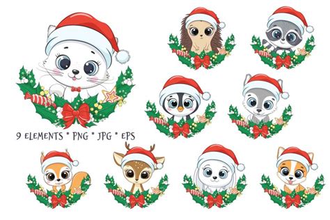 Christmas Wreath with Baby Animal Clipart, PNG, (957994)