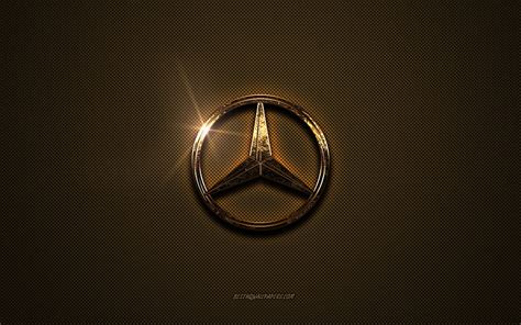 Mercedes-Benz golden logo, artwork, brown metal background, Mercedes-Benz emblem, Mercedes-Benz ...