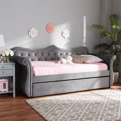 Baxton Studio Abbie Grey Velvet Upholstered and Crystal Tufted Twin Size Daybed with Trundle ...