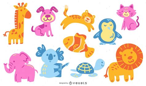 Cute Colorful Animals Set Vector Download