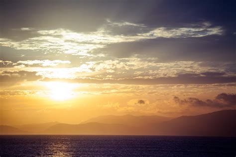 wallpaper sea, horizon, sunset, clouds, mountains, fog HD : Widescreen : High Definition ...