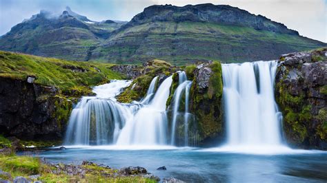 Waterfalls Between Algae Covered Rocks Pouring On Lake In Mountain Background HD Nature ...