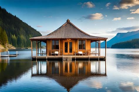 Premium AI Image | A cabin on a lake with a mountain view