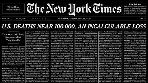 Sunday’s Heart-Wrenching New York Times Cover Marks Almost 100,000 ...