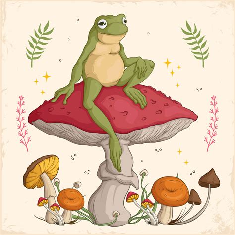 Hand drawn Cottagecore Aesthetic Goblincore Frog sitting on Mushroom, Cottage core style frog ...