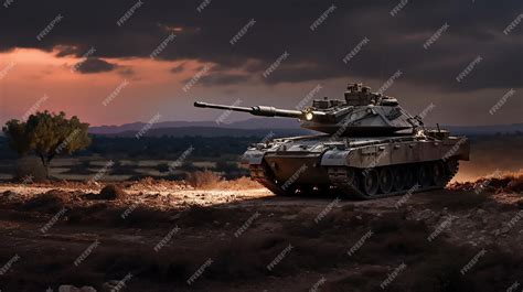 Premium Photo | An armored Merkava Tank stands in the countryside after sunset Soldiers direct a ...