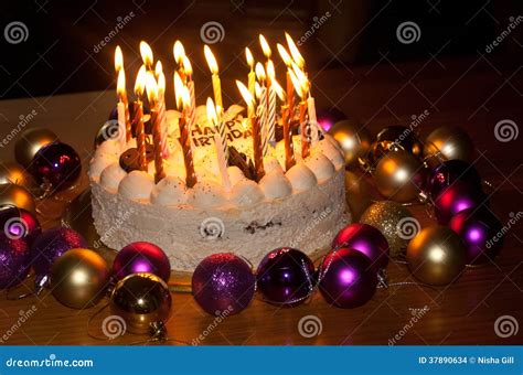 Birthday Cake With Burning Candles Stock Images - Image: 37890634