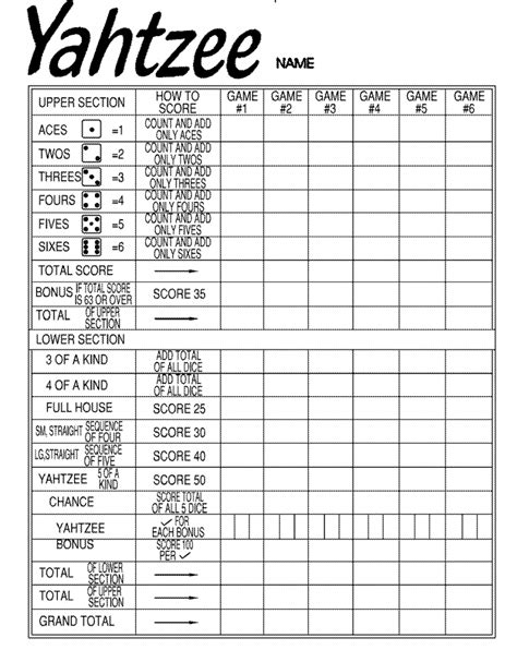 Yahtzee Printable Game Sheets