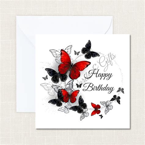 Black & Red Butterfly Theme Happy Birthday Card | Etsy