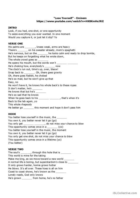 Lose Yourself - Eminem song and nurs…: English ESL worksheets pdf & doc