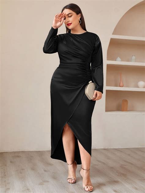 SHEIN Plus Tulip Hem Ruched Front Satin Dress | SHEIN USA Plus Size ...