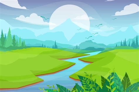 Free Vector | Nature scene with river and hills, forest and mountain ...
